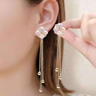 時尚韓國長耳環女士全水晶珍珠流蘇耳墜復古金色 Brincos 首飾