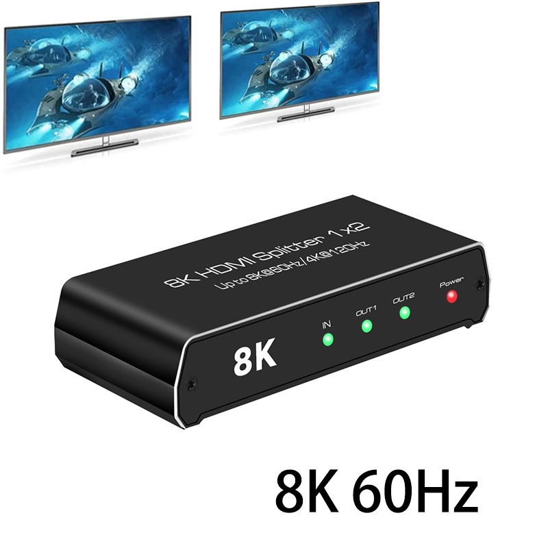 8k 1x2 HDMI 分配器 4K@120Hz HDMI2.1 音頻視頻分配器轉換器 1 進 2 出雙顯示器 3D H