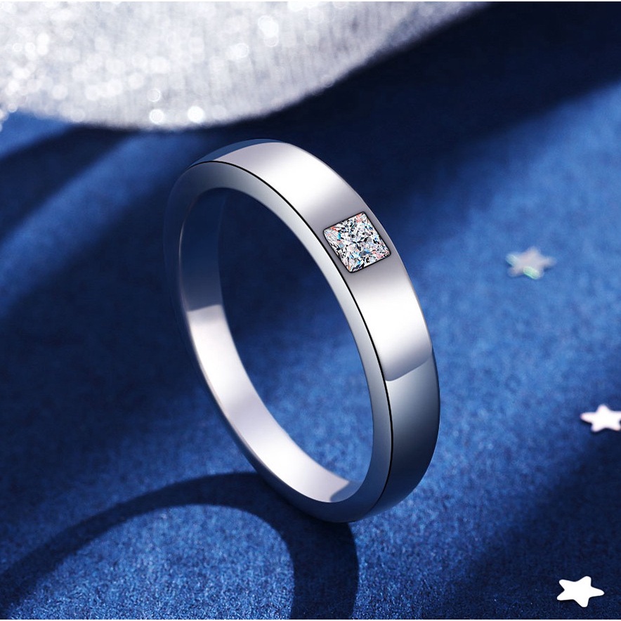 新款s925純銀方形莫桑鉆戒指男經典時尚莫桑石開口指環情侶戒指簡約指環