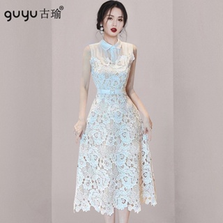 GUYU 正韓夏天洋裝【快速出貨】2023新款小翻領無袖收腰蕾絲洋裝 白色禮服