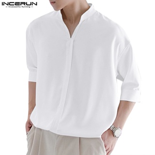 Incerun 男士韓版時尚簡約V領半袖純色休閒襯衫