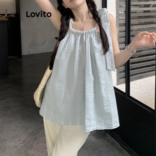 Lovito 女式休閒素色繫帶褶飾細肩帶背心上衣 LNE17062 (藍色)