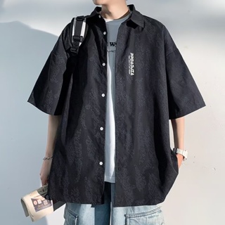 韓國男士街頭嘻哈流行風格休閒襯衫印花超大垂褶襯衫