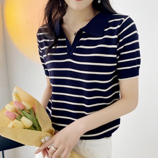 夏季polo領韓版羊毛條紋短袖毛衣針織衫女薄款設計感顯瘦上衣