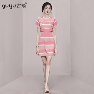GUYU古瑜 夏天洋裝【S-XL】2023新款圓領短袖收腰假兩件線條洋裝 A字小禮服