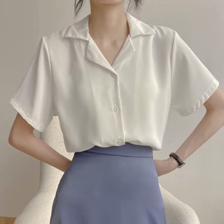2023春夏季學院風復古韓版職業西裝領翻學生短袖襯衫女素色上衣女