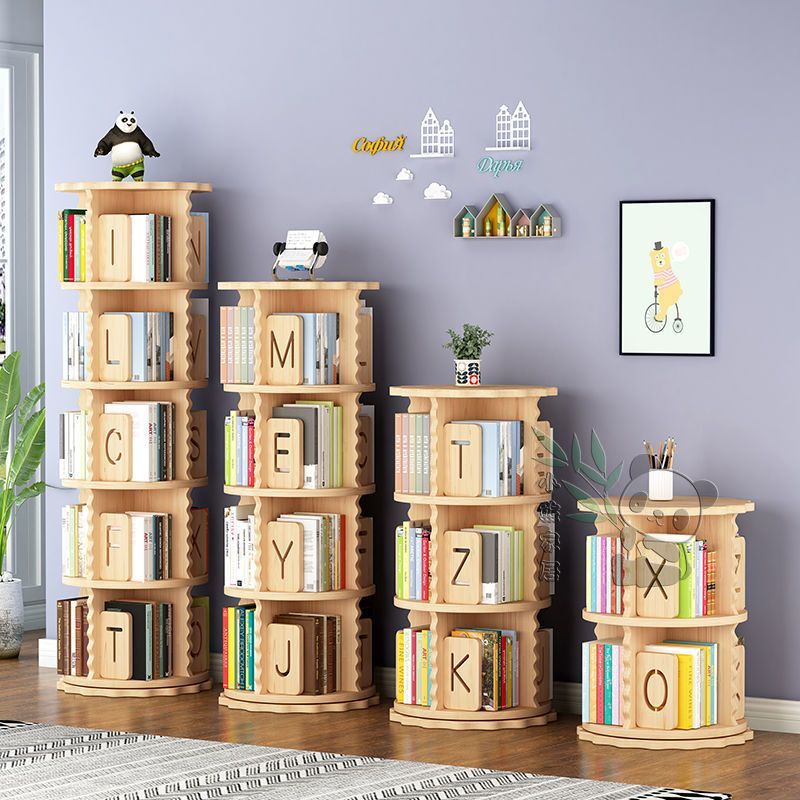 實木旋轉書架360度書櫃 落地家用兒童小型繪本收納置物架 簡易書架