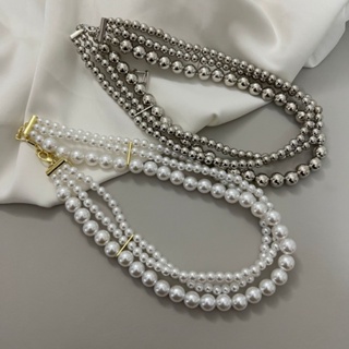 三層珍珠項鍊銀女士金屬球項鍊銀金屬漆珍珠項鍊