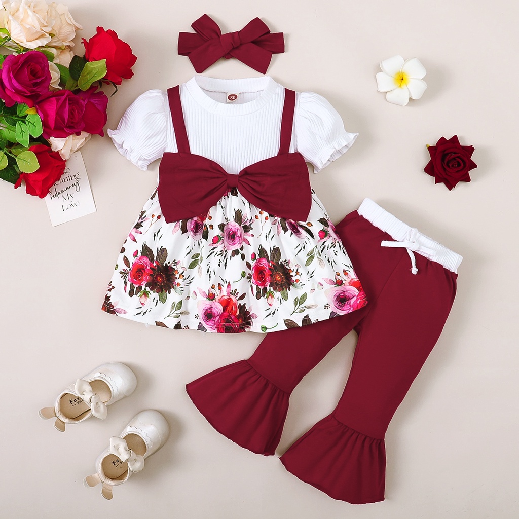 夏季花卉 3 件套衣服 1-3 歲女嬰/短袖蝴蝶結前襯衫 + 紅色喇叭褲/可愛的節日服裝