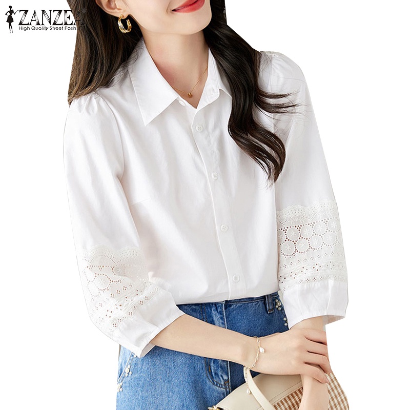 Zanzea 女式韓版日常拼接 3/4 袖翻領蕾絲襯衫