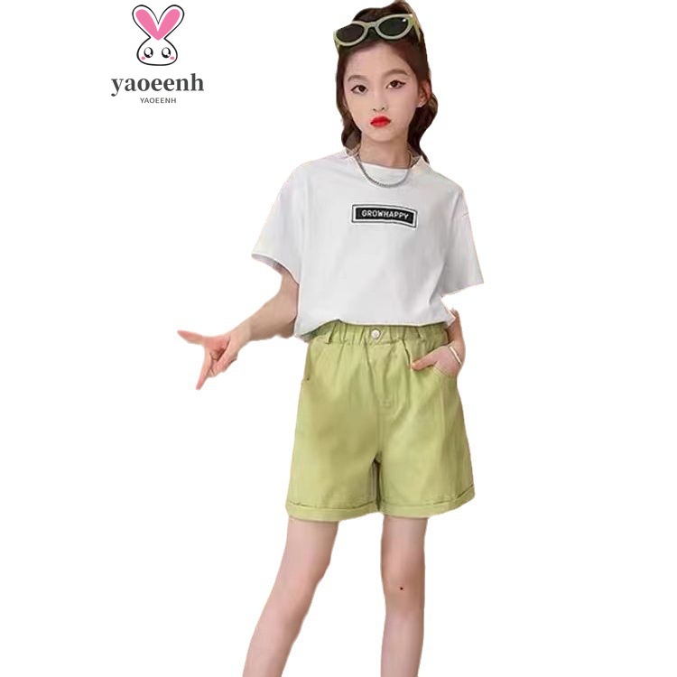 【YAOEENH】120-170CM 韓版女童套裝 中大童休閒洋氣字母上衣短袖寬鬆短褲兩件套 現貨 快速出貨