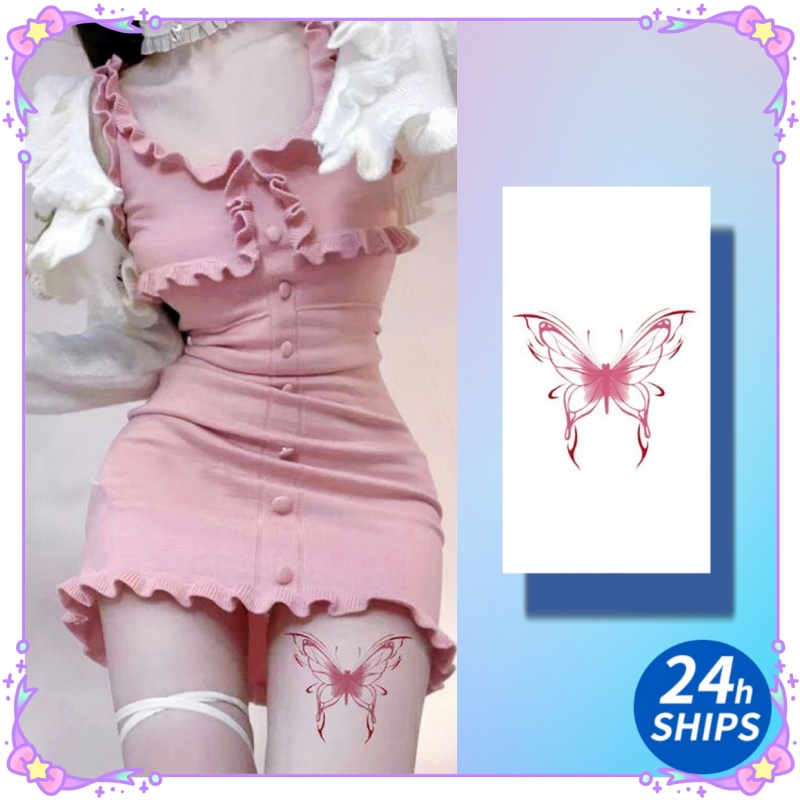 粉色翅膀蝴蝶背部圖案紋身可愛女孩大腿手臂紋身防水紋身貼紙持續7天臨時假紋身