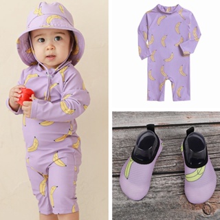嬰兒游泳衣 1-7 歲兒童長袖連身衣泳裝 + 泳帽 + 水鞋時尚印花紫色香蕉