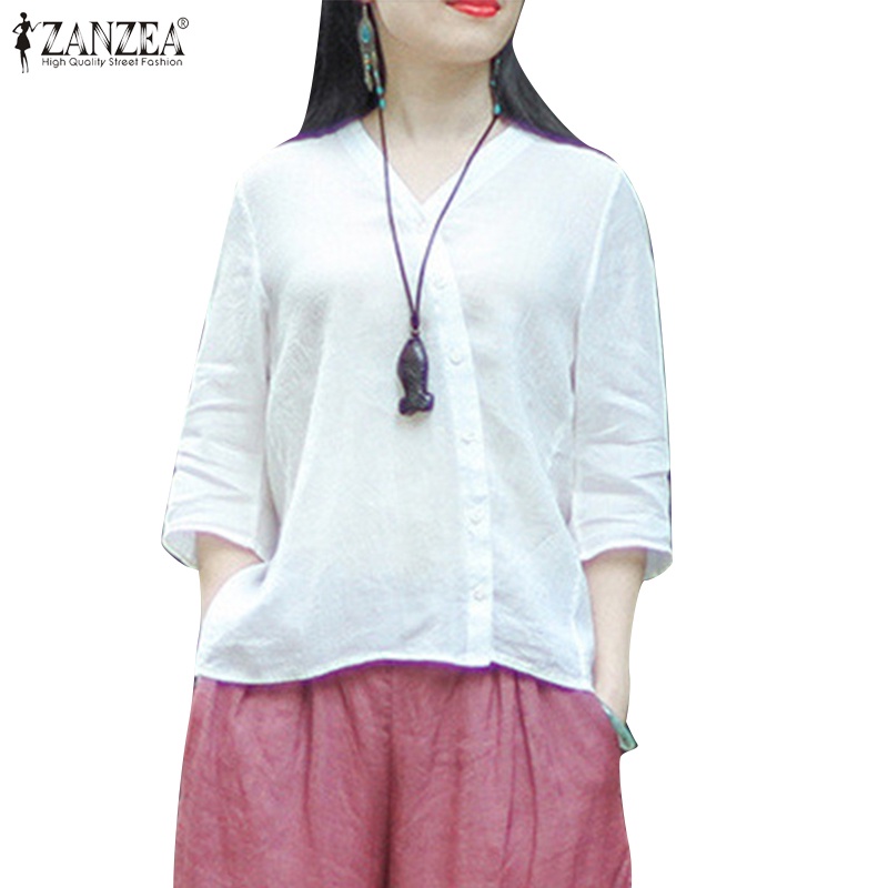 Zanzea 女式韓國日常不規則門襟設計 3/4 袖 V 領棉麻襯衫