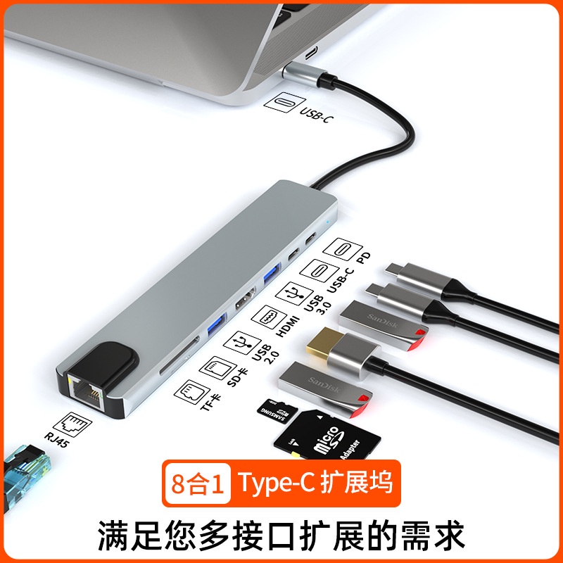 一拖多Type-C RJ45百兆網口擴展塢 HDMI VGA同屏異顯 高清頻道轉換器 多合一USB3.0多功能集線器