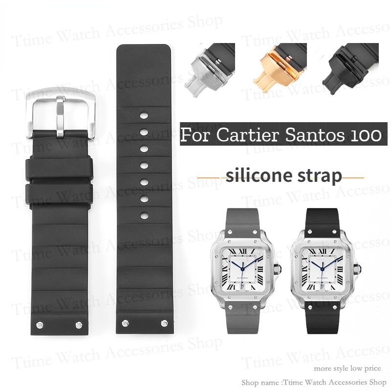 卡地亞 Santos 100 錶帶黑色 23 毫米男士女士防水運動型橡膠手錶配件的軟矽膠錶帶