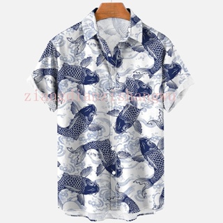男士夏季襯衫海洋動物海馬魚夏威夷襯衫男士服裝夏季上衣休閒短袖