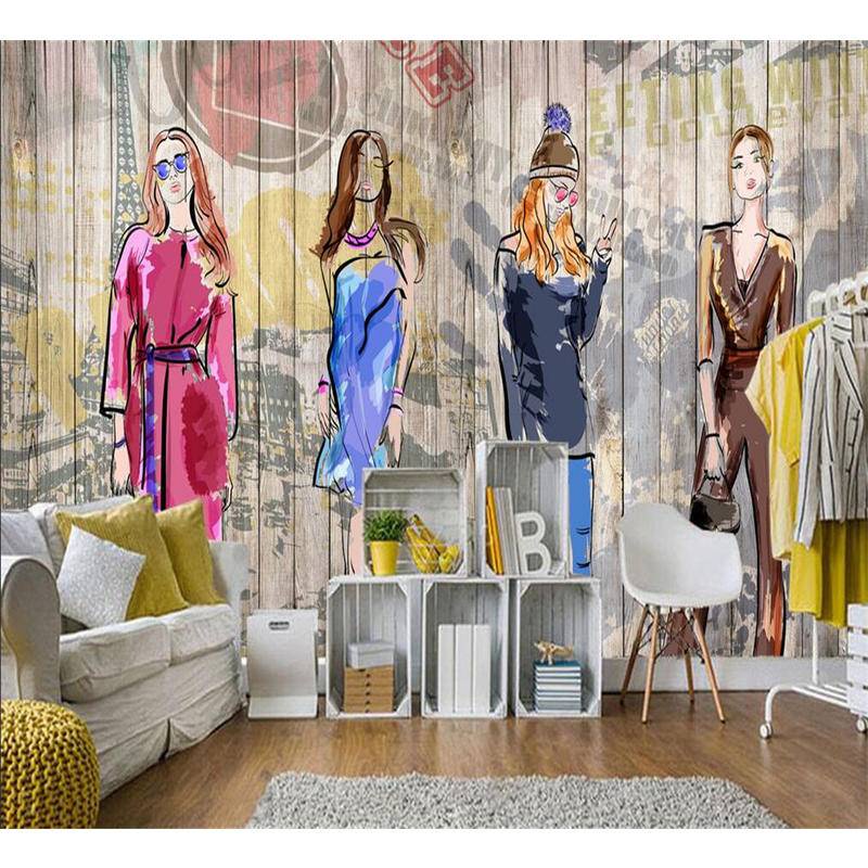 定制3d壁紙化妝品服裝店手繪時尚女孩'工作服背景自粘材料壁畫貼紙