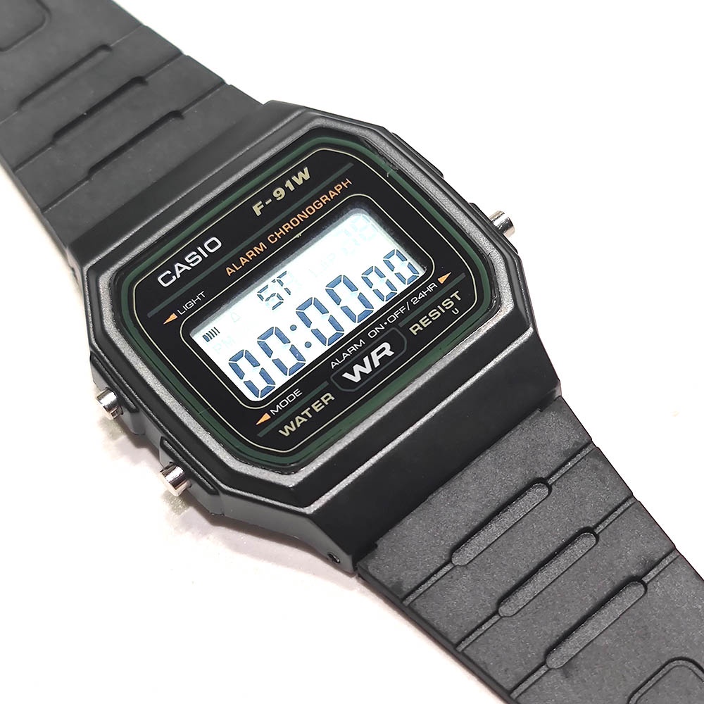 卡西歐男士方形數字手錶 F-91W 帶高品質樹脂錶帶和背光秒錶