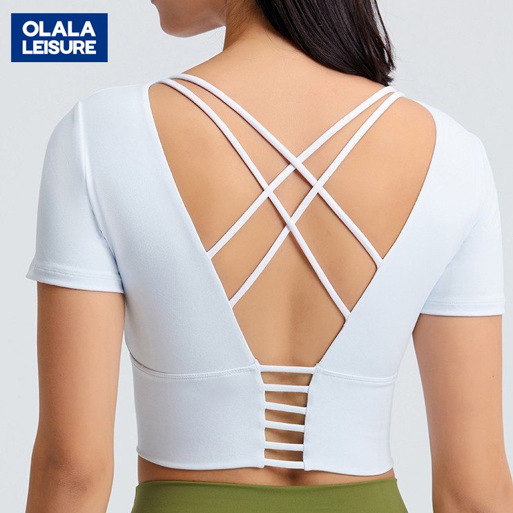 OLALA短版帶胸墊瑜伽T恤女 鏤空美背戶外休閒運動短袖 露肚上衣