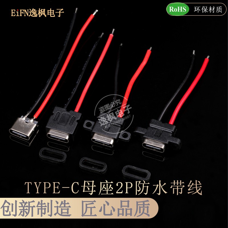 TYPE-C母座2P帶線 防水 充電口 DIY安卓焊線 帶耳孔 自製USB接口