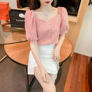 SY方領復古雪紡襯衫女夏裝泡泡袖短袖上衣時尚褶皺設計襯衫時尚休閒百搭甜美風日系穿搭上衣ins潮