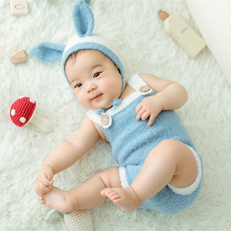新生兒攝影服裝滿月百天拍照主題毛線針織連身褲寫真服飾兔帽子新生兒拍照道具 寶寶拍照背景布 嬰兒拍照背景 寫真道具 造型服