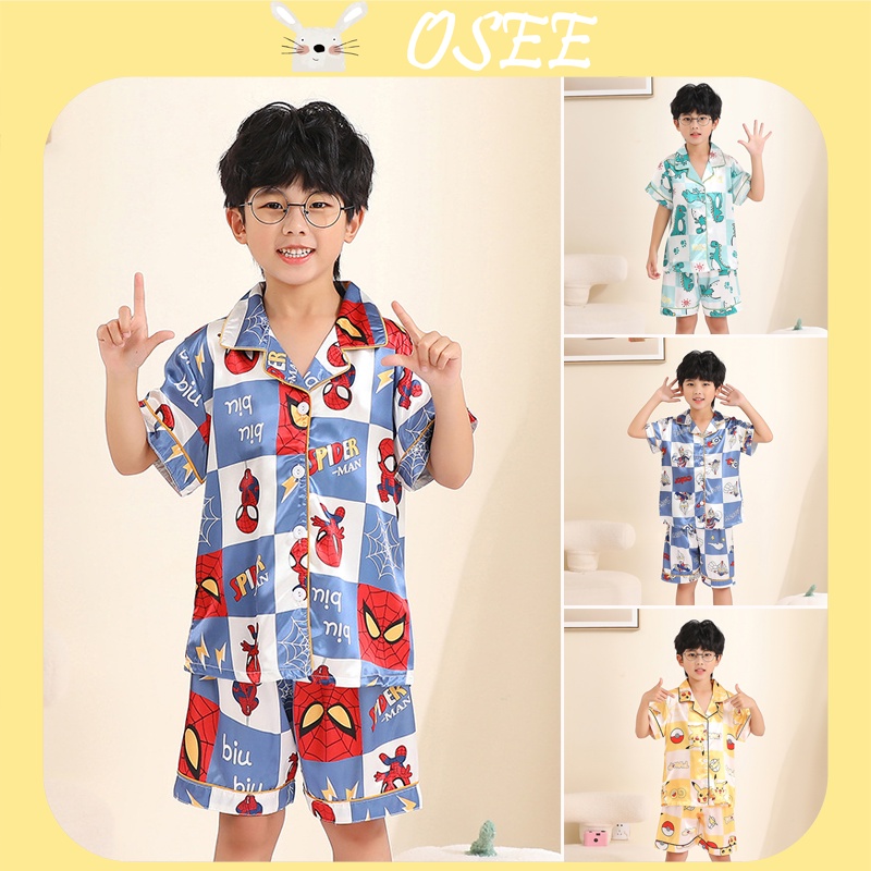 【Osee】男童男冰絲睡衣母肥睡衣夏季冰絲短袖薄款兒童男嬰空調衣家居服套裝緞面睡衣翻領