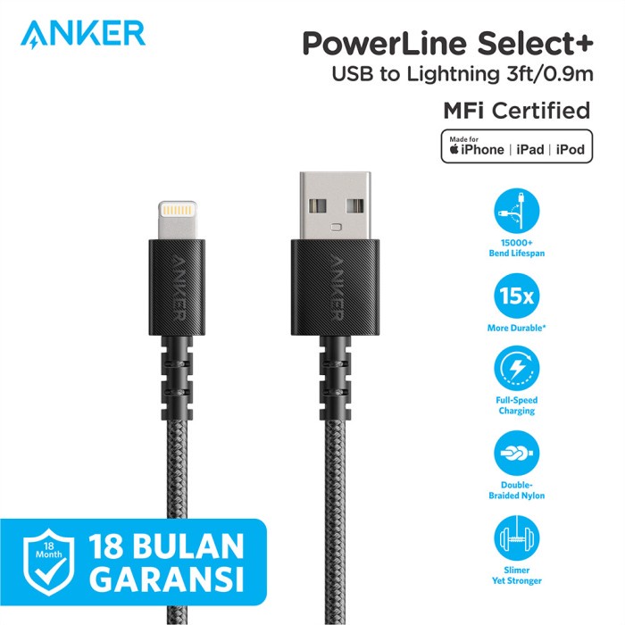 Anker 充電器電纜電力線 USB A 型轉閃電 0.9m 3FT A8012