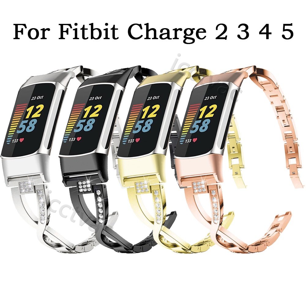 適用於Fitbit Charge 5 4 3 2代金屬鑲鑽鋁合金錶帶 Charge 5叉款帶鑽金屬精美女生女性時尚錶帶