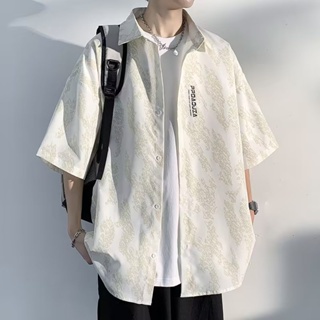 美式休閒短袖襯衫男夏季薄潮牌潮流寬鬆短袖衣服 日系男士襯衫外套 M-3XL