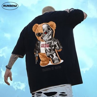 M-8XL 韓國潮牌分裂熊印花大尺碼T恤男 時尚潮流短t 寬鬆 圓領落肩五分袖男生上衣 夏天薄款透氣胖子衣服 加大尺碼