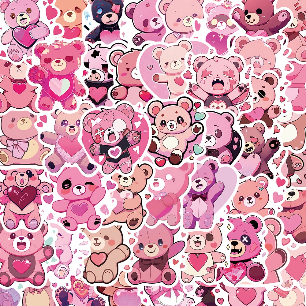 50 件裝卡通可愛粉色泰迪熊塗鴉貼紙適用於行李箱手機殼筆記本電腦筆記本貼花兒童