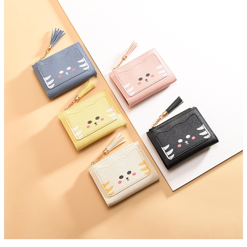 韓版短版錢包女兩折錢夾皮夾短夾摺疊多卡位可愛貓咪學生零錢包卡包