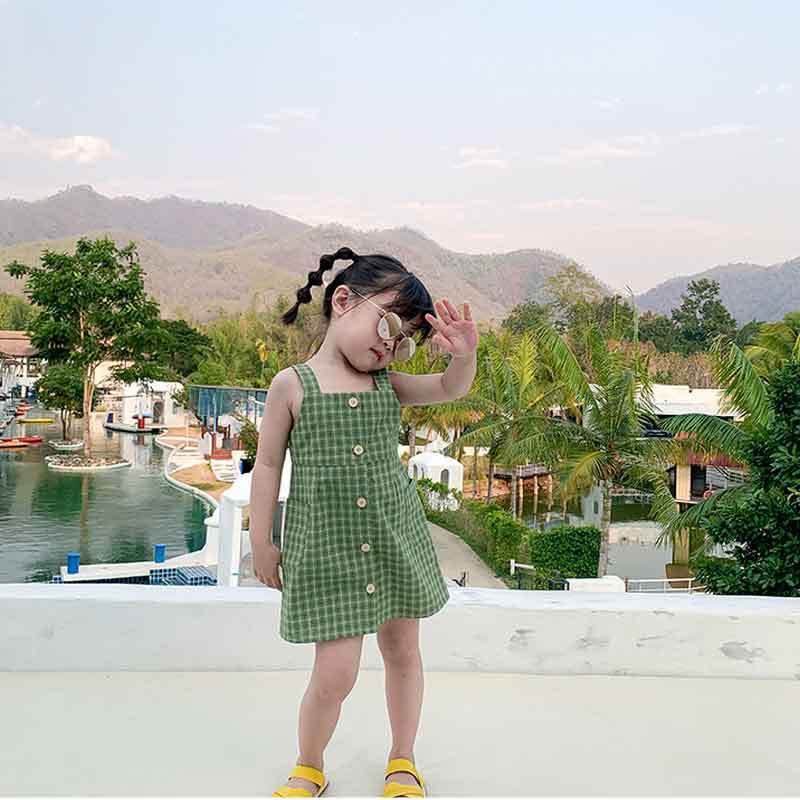 女童2023洋裝夏裝洋裝新款寶寶格子吊帶裙黃色綠色兒童洋氣裙子潮範洋氣韓國