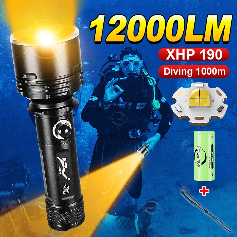 12000LM超亮XHP190潛水手電筒黃燈白燈2*XHP90白黃光XHP160 XHP100潛水手電筒1000米水下燈