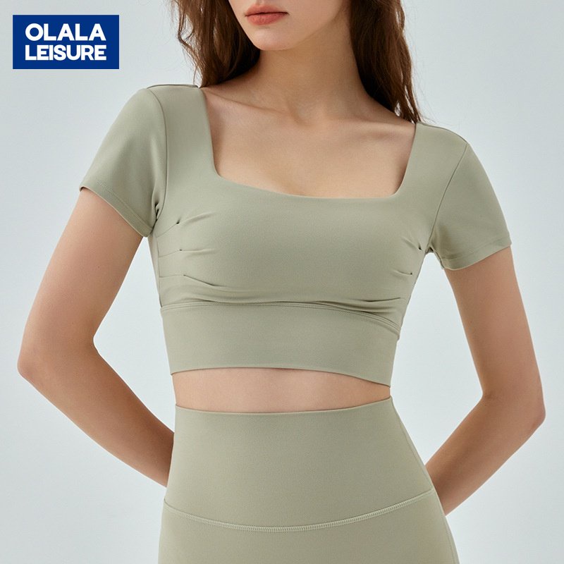 OLALA新款一件式帶胸墊瑜伽上衣女前胸打褶鏤空美背夏季戶外運動t恤健身服