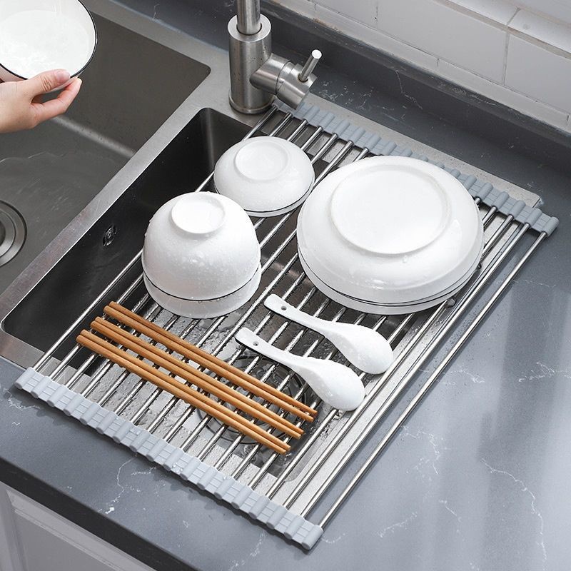 瀝水架廚房用品水槽碗架洗菜盆碗碟瀝水籃不鏽鋼摺疊置物架速賣通 SHXB