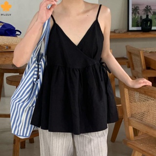 MUZV【高級訂製】韓國chic夏日簡約V領吊帶背心女2023新款寬鬆減齡抽繩娃娃衫上衣