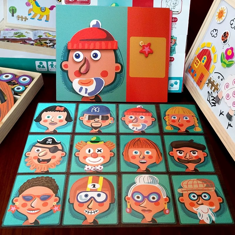 小紅書抖音同款 兒童早教玩具 益智五官磁性貼磁力拼圖 換裝3-6歲幼兒園玩具 木質玩具男女孩積木