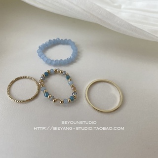 4 件/套藍色串珠戒指帶堆疊時尚戒指女士 Ins Niche Design Sense 食指戒指