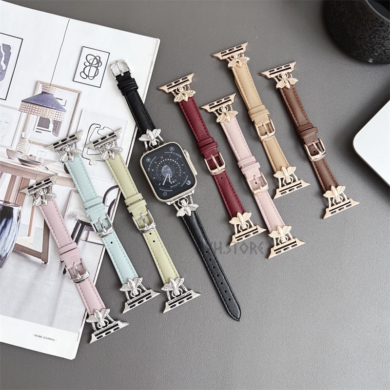 創意蜜蜂裝飾平紋真皮錶帶 適用於 Apple Watch S9 S8 S7 S6 SE 40mm 45mm 蘋果手錶錶帶