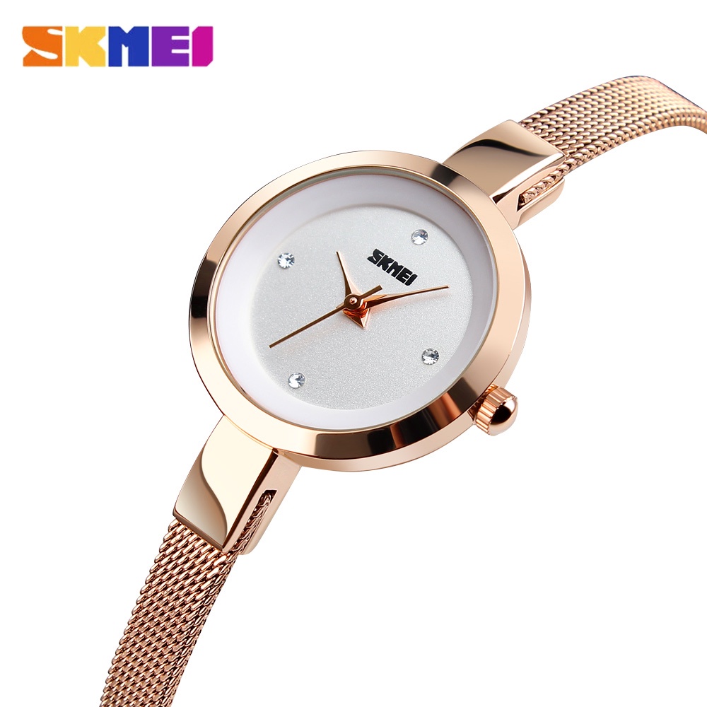 Skmei 經典女士石英手錶奢華超薄不銹鋼防水時鐘女士創意錶盤手鍊手錶