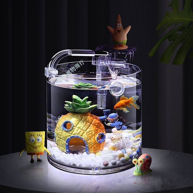 超白玻璃圓柱魚缸 全套造景 菠蘿屋 海綿寶寶 小型創意圓形缸 布景裝飾.