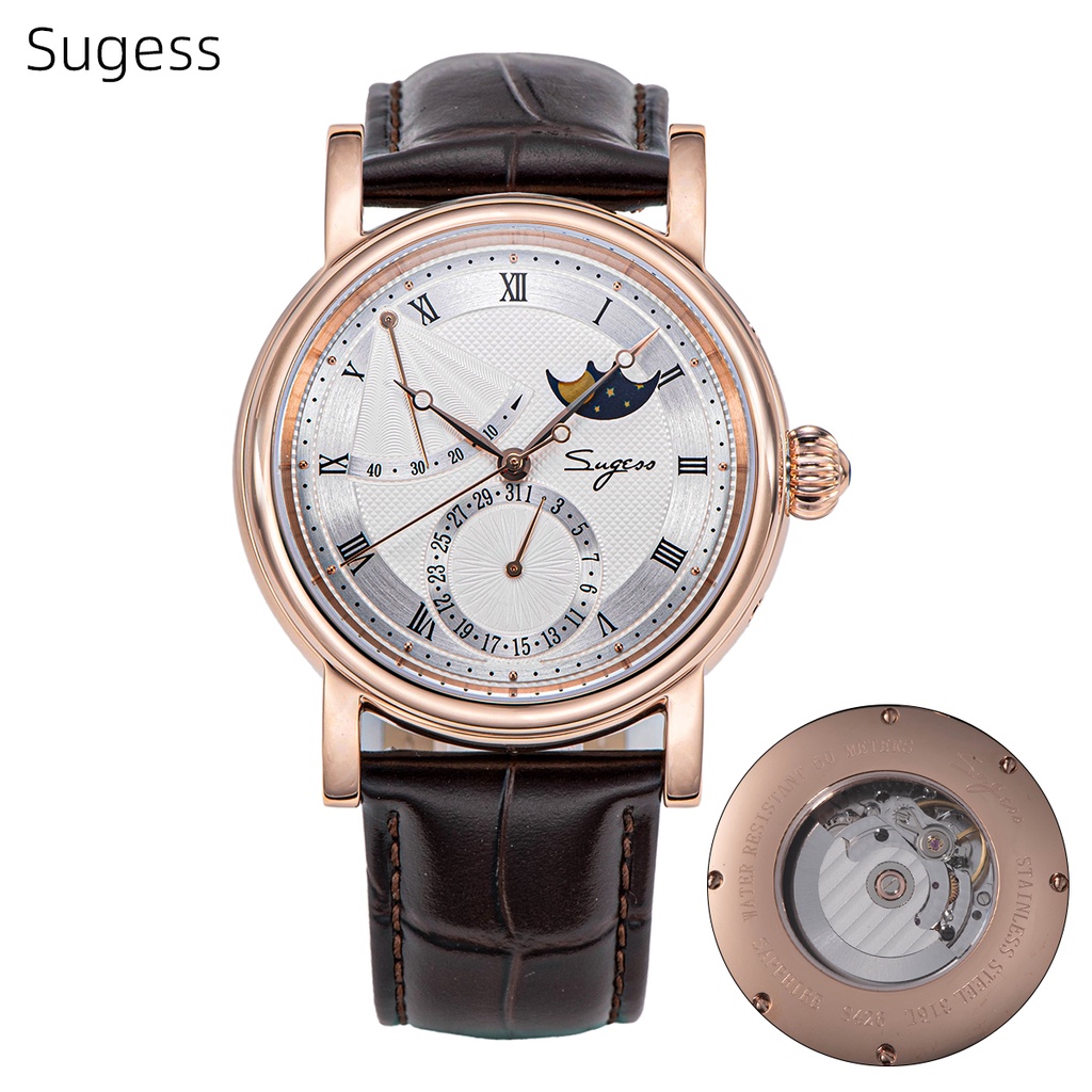 Sugess 男士手錶自動機械海鷗 2153 機芯月相動力預留防水手錶藍寶石全新