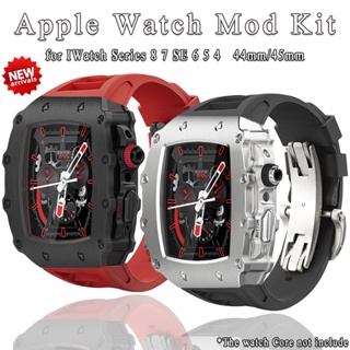 豪華金屬錶殼橡膠錶帶改裝套件兼容 Apple Watch 8 7 45mm iWatch Series 6 SE 5 4
