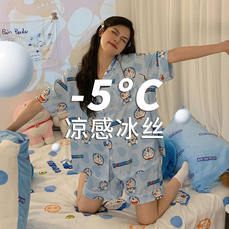 卡通 哆啦A夢 睡衣 女 夏季 薄款 短袖 短褲 學生 網紅 可愛 家居服套裝