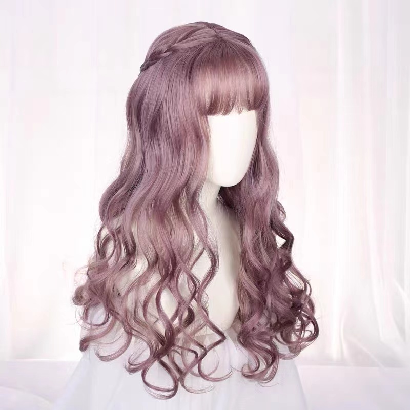 合成長捲髮帶劉海綠色亞麻黃色灰色紫色頭髮自然蓬鬆假髮長度 68 厘米洛麗塔角色扮演使用