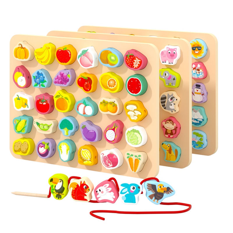 大顆粒儿童玩具 動物配對拼版穿線串珠兒童拼圖 水果玩具益智 穿繩串珠木製