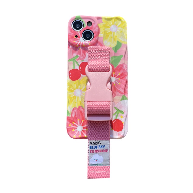 ins粉紅色花朵適用於蘋果15 13 pro max手機殼腕帶iphone13 11高級感粉色支架斜跨小眾